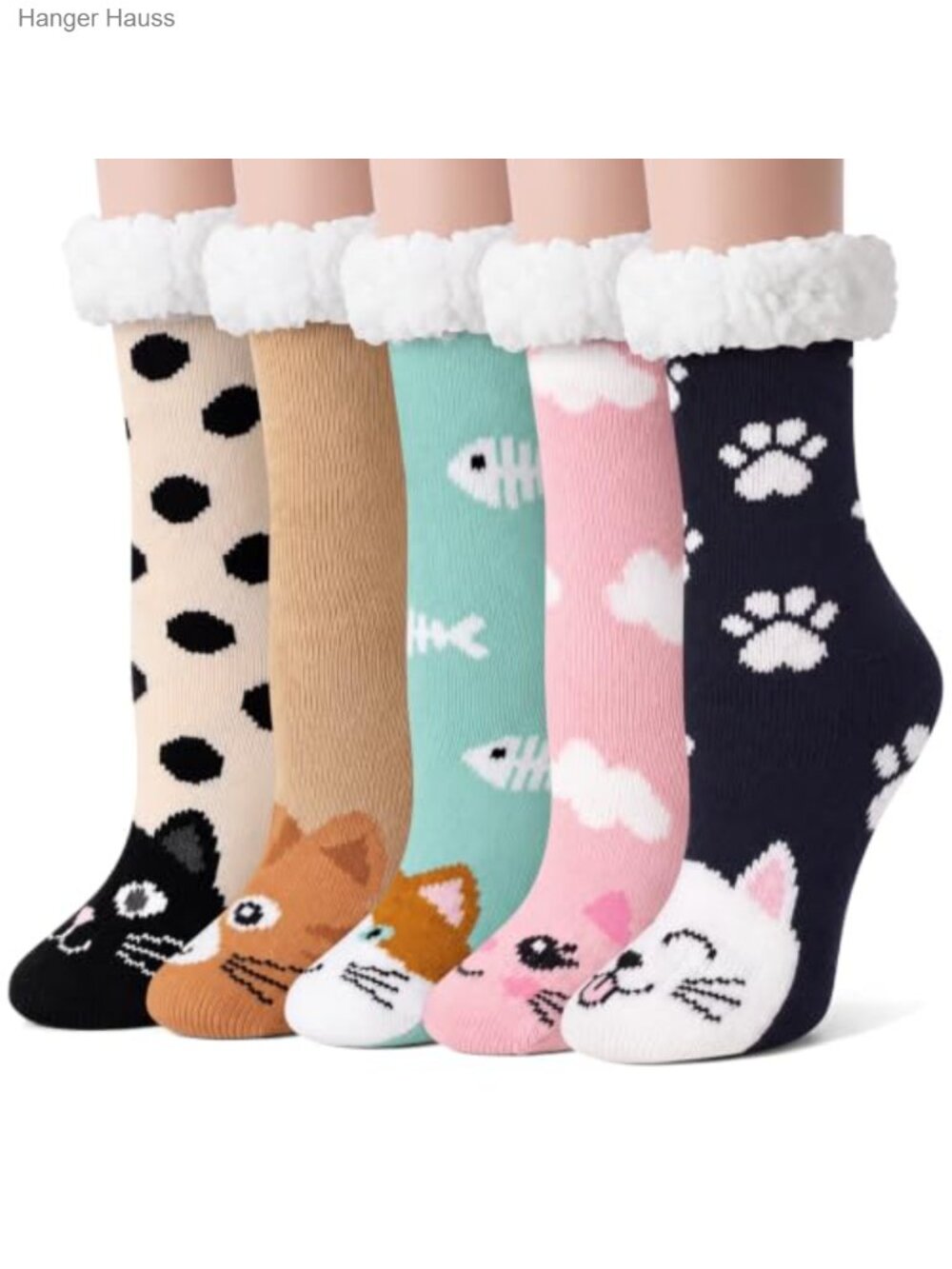 Fuzzy Cat Slipper Socks 5 Pairs Fleece Lined Anti-Slip Knit